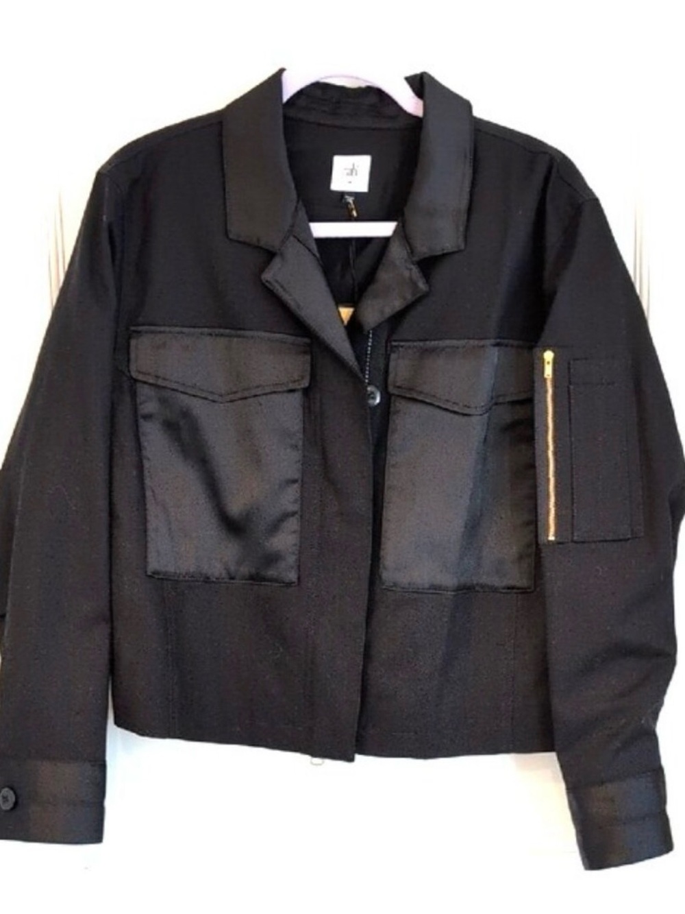 CAbi Black Cropped Utility Jacket with Satin Patch Pockets